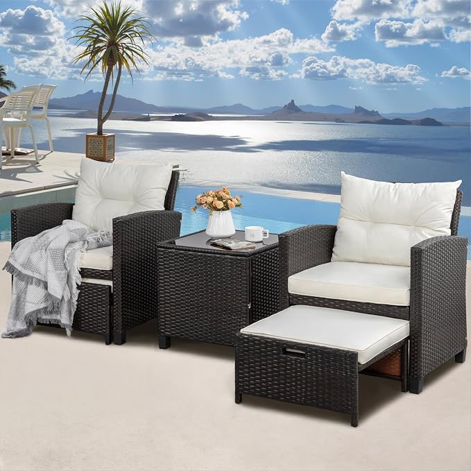 Shintenchi 5 Pieces Patio Furniture Set, Outdoor Wicker Patio Conversation Set with Ottoman, All Weather Rattan Outside Chairs with Coffee Table & Cushion for Porch, Garden, Backyard, Beige