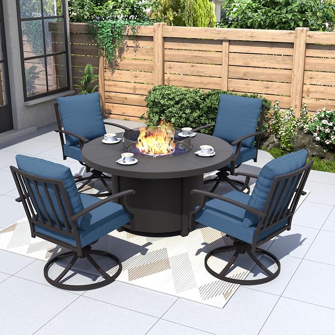 Kurapika 5 Piece Metal Moden Outdoor Patio Furniture Set with Round Fire Pit Table, Patio Conversation Sets 4 Swivel Chairs with Thick Cushion and 40000 BTU Fire Pit Table, for Yard Deck, Navy Blue