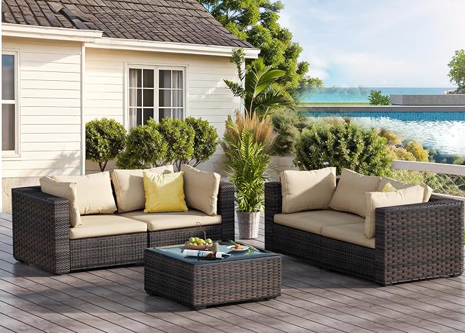 Patio Furniture Set 5 Piece All Weather PE Rattan Outdoor Sectional Sofa Couch with 4 x arm Sofa, No-Slip Cushions and Glass Top Table for Garden, Poolside, Backyard (Beige)