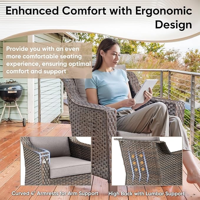 3 Pieces Patio Furniture Set-Wicker Patio Chairs Set of 2 with Tempered Glass End Table Outdoor Patio Chairs for Deck Balcony Poolside Backyard-Brown/Grey