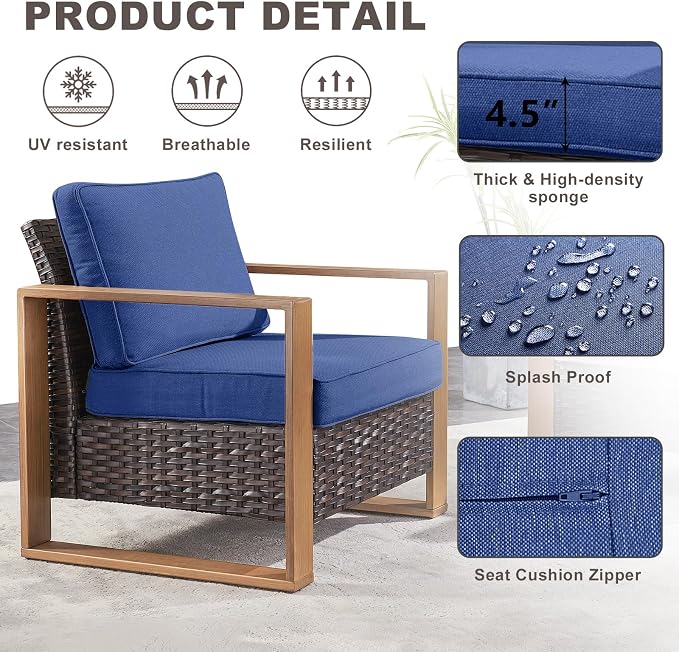 Rilyson Wicker Outdoor Patio Chairs Set of 2, Rattan Patio Furniture Chairs with Sturdy Frame,All-Weather PE Wicker,Wide Armrest,Deep Seating and Thick Cushions for Deck Porch Garden(Brown/Blue)