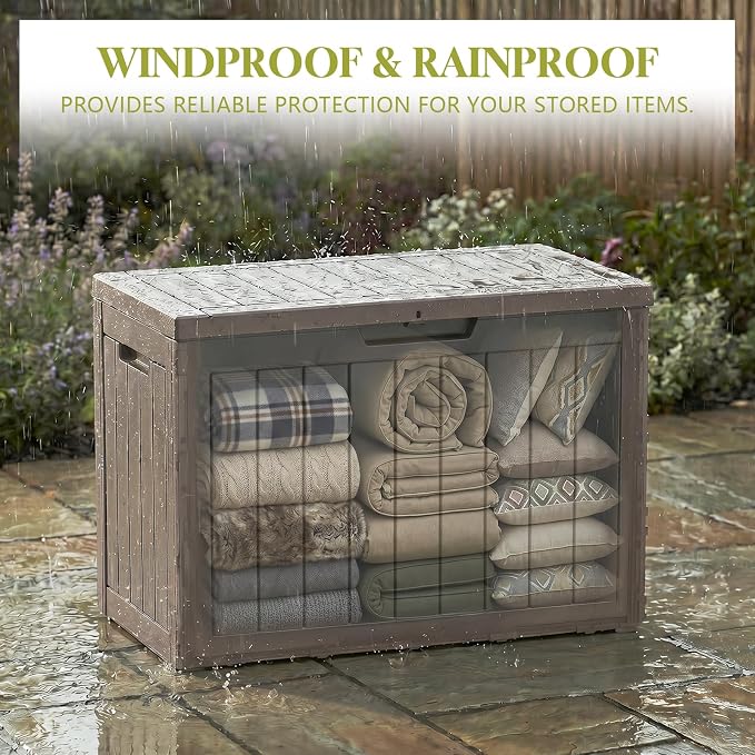 Waterproof Outdoor Storage Box Outside Deck Box Lockable Resin Bench UV Resistant Furniture Cushion Pool Tool Float Bin Patio Garden Porch (Grey, 50 Gallon)