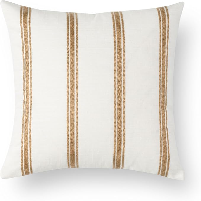 Modern Farmhouse Fall Linen Indoor Outdoor Throw Pillow Cover Only, 20"x20" Water Repellent for Patio, Backyard, Couch, Neutral Ivory Cream Embroidered Stripes