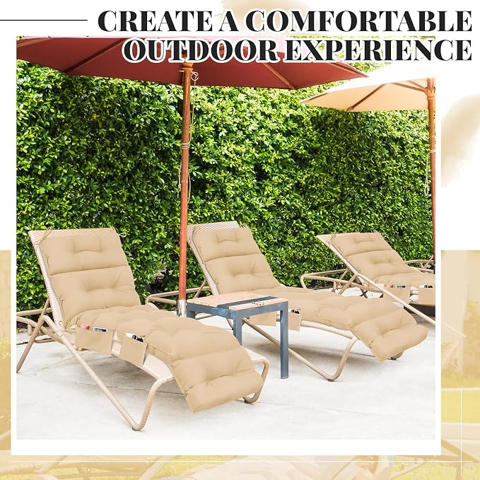 Kigley Outdoor Chaise Lounge Cushions with 3 Side Pocket 74.5 x 22 x 4.7 Inch Patio Chaise Lounge Cushion, Water-Repellent and Fade-Resistant Tufted Summer Replacement(1 Pcs,Beige,Solid Color)