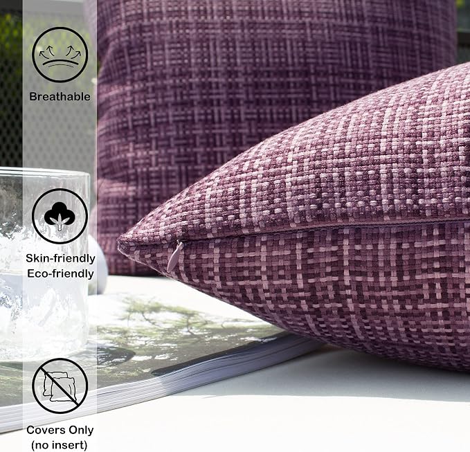 Kevin Textile Outdoor Waterproof 12"x20" Lumbar Pillow Covers 2 Pack Violet | Water Resistant, Faux Linen Yarn-dyed, Woven Texture Throw Pillow Covers for Tent Patio Garden Couch Sofa