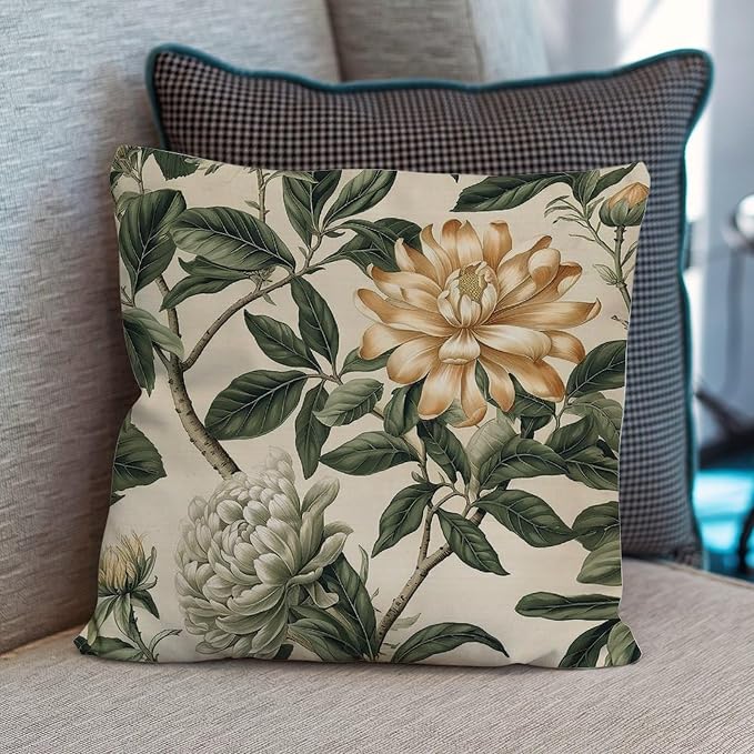 Green and White Chinoiserie Floral Pillow Cover Golden Lotus Flower Throw Pillow Cover Classic Decorative Cushion Cases Home Decor for Couch Sofa Bedroom Car 24x24 in