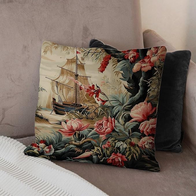 Moore Manor Antique Chinoiserie Pillow Cover Vintage Boats and Flowers Throw Pillow Cover Abstract Outdoor Waterproof Decorative Pillow Cover for Patio Couch Bench 26x26 in