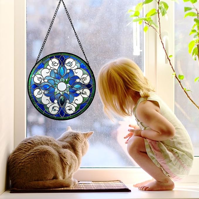 DASTOLL Stained Glass Window Hanging, Boho Style Sun Catchers Diamond Glass Panel Hangings Tiffany Suncatcher Decor for Birthday for Women, Men, Wife, Aunt, and Mom 11.8x11.8 in
