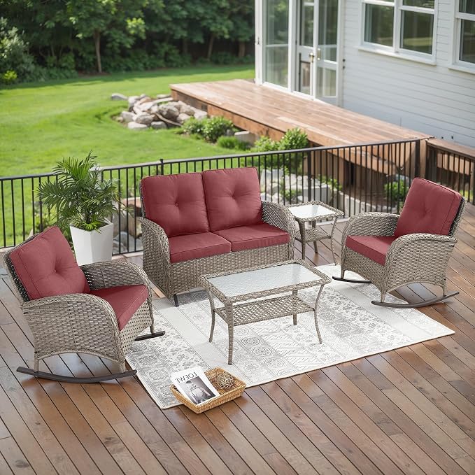 Belord 5 Piece Outdoor Conversation Patio Furniture Set - All-Weather Wicker Patio Rocking Chairs with Loveseat Glider Chair and Coffee Table for Patio Deck Porch Backyard Gray Wicker Red Cushion