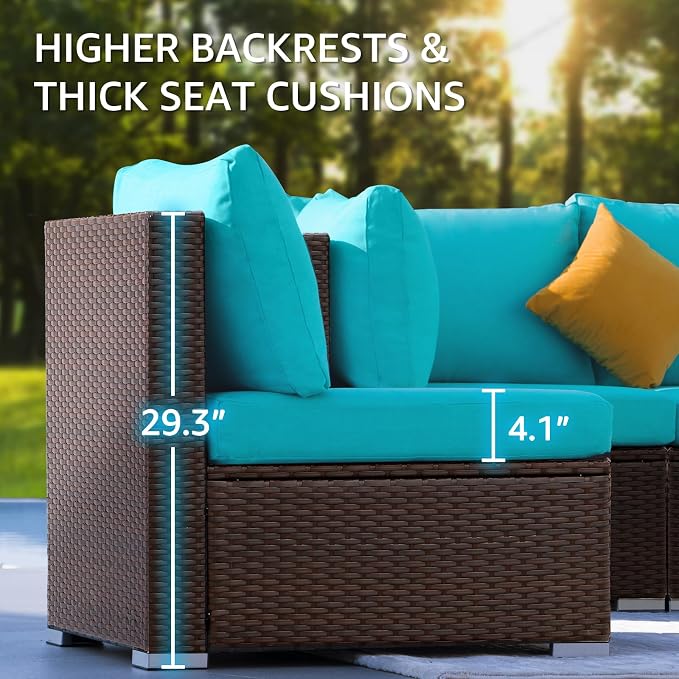 NICESOUL 13 Piece Patio Furniture w/Fireplace, Elegant Outdoor Seating w/Firepit, XL 29.3'' High Back Sectional Sofa, All-Weather Rattan Deck Couch, Modular Sturdy Conversation Set, Brown & Teal