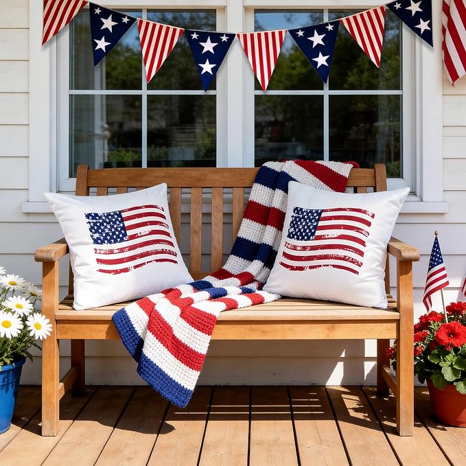4th of July Pillow Covers 18x18 Inch Set of 2 | Red White Blue Patriotic Summer Outdoor Throw Pillow Covers, USA Flag Independence Memorial Day Cushion Case for Sofa Couch