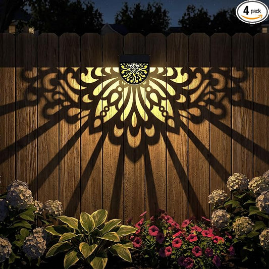 4 Pack Solar Fence Lights Outdoor Wall Lights Plastic Solar Powered Deck Step Stair Lights Mandala Theme Waterproof Fence Solar Light for Garden Post Patio Yard Decor, Gardening Gifts for Women Mom