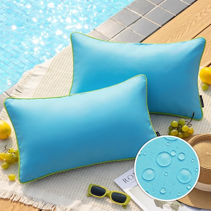 Phantoscope Pack of 2 Outdoor Waterproof Throw Pillow Covers with Contrast Piping, Decorative Square Cushion Case Patio Pillows for Couch Tent, Sky Blue 12x20 inches