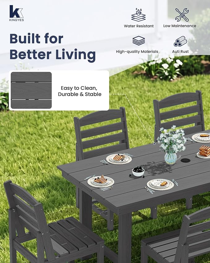 KINGYES 7-Piece Patio Dining Set, HDPE Table and Armless Chairs Outdoor Furniture Set with Umbrella Hole, Gray