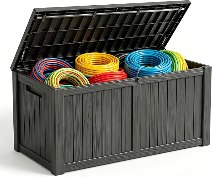 MAKINO 151 Gallon Large Resin Outdoor Storage Box, Waterproof Deck Box, Lockable Deck Container with Reinforced Support, Outdoor Chest for Patio Accessories, Outdoor Cushions, Garden Tools, Black