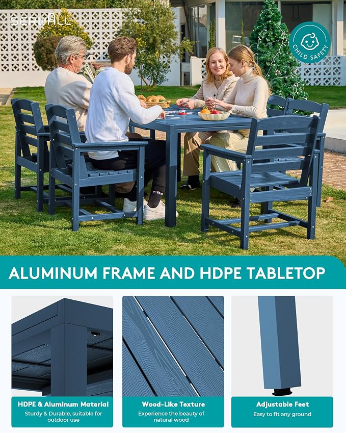 SERWALL 60" - 83" Expandable Outdoor Dining Table and 6 HDPE Chairs, Blue | Outdoor Dining Set for 6, All Weather Aluminum and HDPE Outdoor Furniture Set, Extendable Patio Dining Table