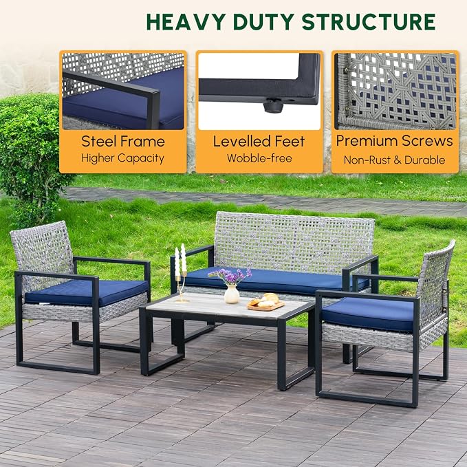 BEEFURNI Wicker Patio Furniture Outdoor Conversation Set of 4, Rattan Outdoor Furniture Set, Acacia Wood Table, 2 Chairs, 1 Loveseat, 2” Cushions, All Weather Set for Patio, Porch, Balcony (Gray)