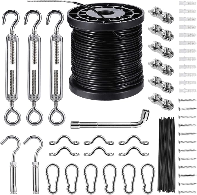 Outdoor String Light Hanging Kit Includ 164 FT Nylon Rope Cable | 304 Stainless Steel Turnbuckle & Hooks,Globe Light Suspension Kits,Patio Lights Guide Wire,Enough Accessories,Use Manual