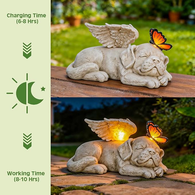 WONDER GARDEN Sleeping Dog Angel Statue with Solar Light - Pet Memorial Stone, in Memory of Dog, Marker Tribute Statues, Resin Guardian Angels, Bereavement Gift