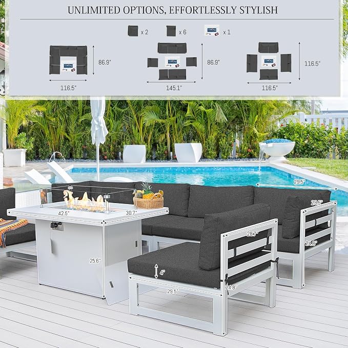 BULEXYARD 9 Piece Modern Aluminum Patio Furniture Set with Fire Pit Table, 500 lbs Heavy Duty Outdoor Sectional Sofa, 29" Deep Wide Oversize Seating Conversation Couch for Garden Exterior, Dark Gray