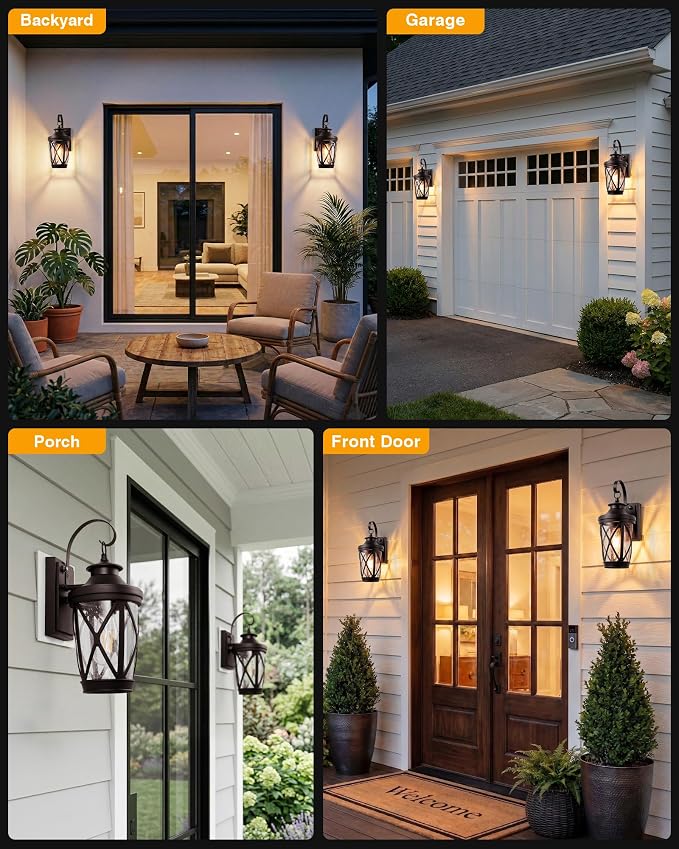 VIANIS 2-Pack Dusk to Dawn Outdoor Wall Light, Oil Rubbed Bronze Porch Light Fixture, Anti-Rust Exterior Wall Lantern, Modern Coach Lights for Garage, Outdoor Carriage Lights Wall Mount, E26 Hardwired