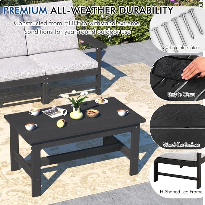 7-Piece HDPE Patio Furniture Set, All-Weather Outdoor Sectional Sofa Set w/Coffee Table+Side Table - Wood-Like Composite Conversation Couch for Deck, Lawn, Balcony - Black Frame with Cushion