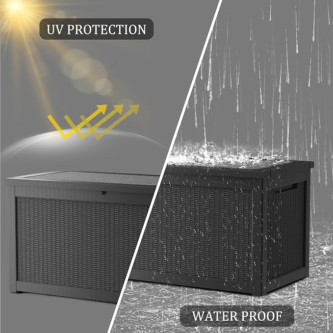 Outdoor Storage Box, 320 Gallon Lockable Resin Deck Box Large Waterproof, Patio Storage Bin for Furniture Cushion, Garden Tools and Pool Accessories, UV-Resistant Bench for Outside, Black