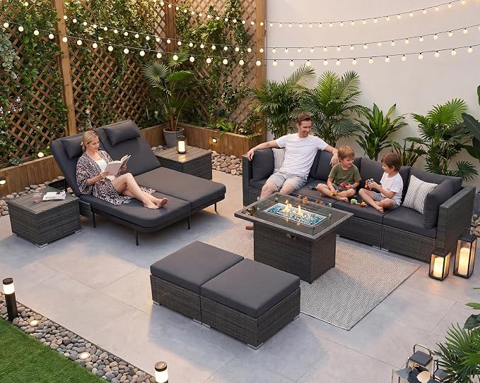 NICESOUL 11 Piece Sectional Outdoor Set with Chaise Lounge, Modern Large Backyard Seating with Firepit, 29.3'' High-Back Deep Patio Couch Sofa, Heavy Duty All-Weather Wicker Furniture for Deck, Grey