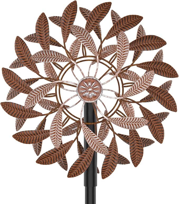 360° Wind Spinners Outdoor, Wind Sculptures Windmill with Metal Stake, Kinetic Large Metal Yard Art Decor Spinners Pinwheels for Garden Outside Patio Lawn, 63.2 * 13.2" (Rust Color)