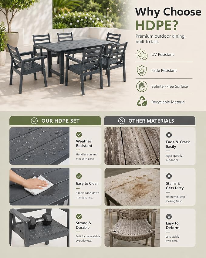 10 Piece HDPE Outdoor Dining Set for 8, Patio Dining Furniture Set with 2” Umbrella Hole, Weather Resistant Outdoor Table and Chairs for Garden, Poolside, Backyard, Deck