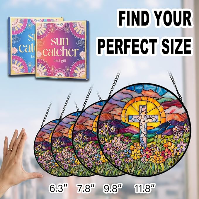 Christian Gifts for Women - Flower Cross Faux Stained Glass Window Hanging Sun Catcher for Acrylic Home Decor Mother's Day Christmas Easter Religion Gift for Mom Nana Men Grandma Wife Dad 11.8"