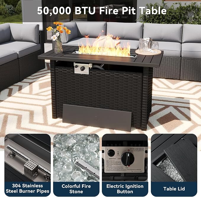 LazySunsets 15 Piece Outdoor Patio Furniture Set with 44'' Fire Pit Table, Outdoor Patio Furniture Set with Thicken Cushion, Wicker Rattan Outdoor Conversation Set for Backyard & Garden, Light Grey