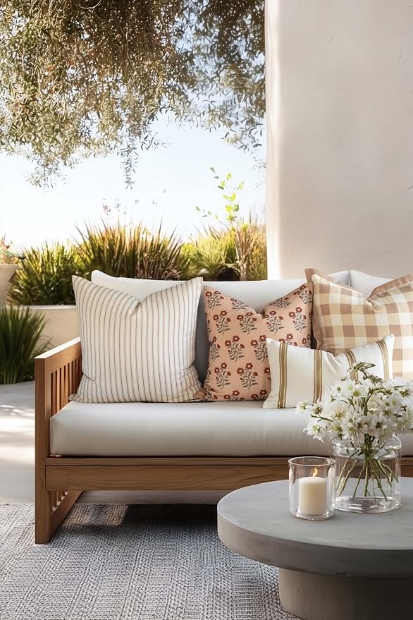 Modern Farmhouse California Casual Indoor Outdoor Throw Pillow Cover, 22"x22" Water Repellent for Patio, Backyard, Couch, Poolside, Ivory Cream Tan Print Wave Stripes