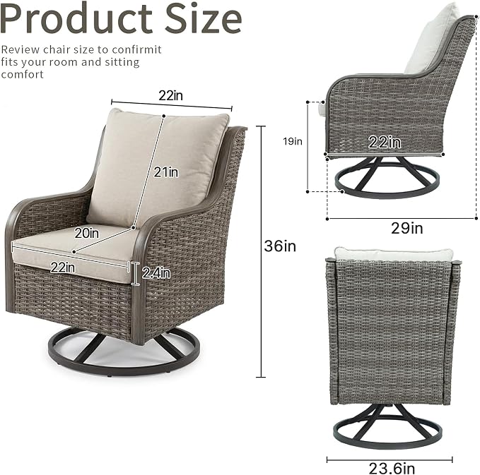 Swivel PE Wicker Chair, Outdoor Patio Chair with 360° Rotation & Water-Resistant Cushion for Porch, Deck, Balcony – All-Weather Handwoven Design (Beige, 2 -PCS)