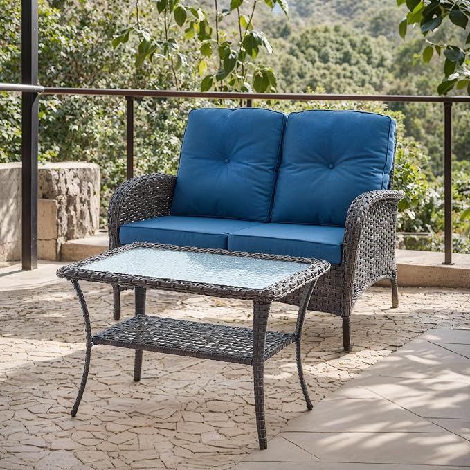 HUMMUH Outdoor Loveseat Sofa 2-Seat PE Wicker Couch with Coffee Table,Deep Seat High Back Patio Furniture for Balcony,Garden,Porch,Deck(Blue)