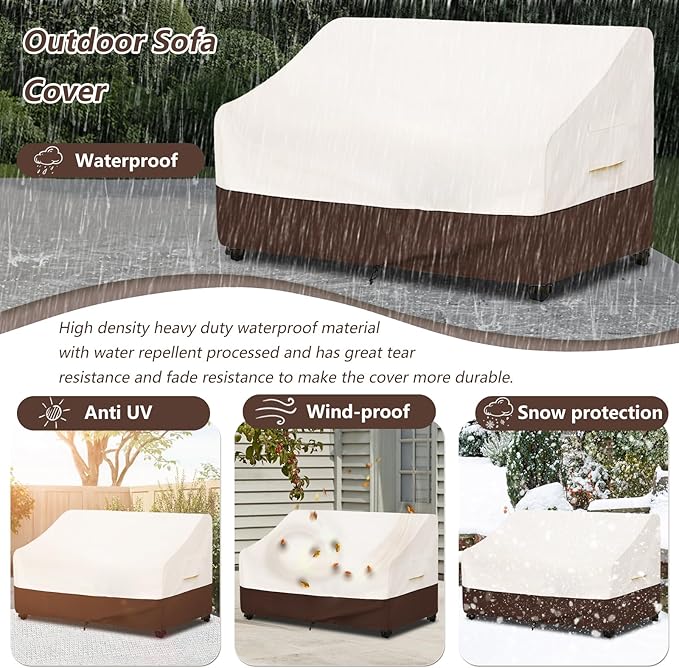 Bitubi Waterproof Patio Sofa Cover, Heavy Duty 2-Seater Outdoor Couch Cover Size Up to 58W x 32.5D x 31H Inches, Lawn Patio Furniture Covers with Air Vent (Brown)