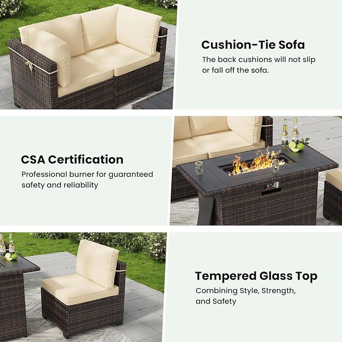 Soohow 8 Piece Patio Furniture Set with 44" Fire Pit Table, Outdoor Sectional Wicker Rattan Conversation Set for Garden, Porch, Backyard - Beige Cushions