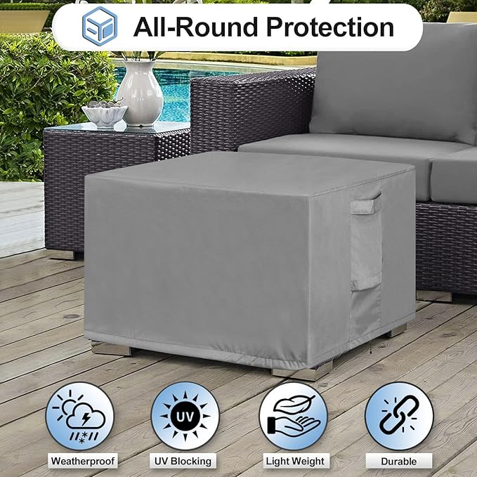 OutdoorLines Outdoor Waterproof Patio Ottoman Covers - Rectangle UV-Proof Patio Side Table Cover Windproof Heavy-Duty Furniture Covering Protector 28L x 22W x 17H Inch, Grey