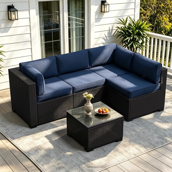 Patio Conversation Sets (Black Brown Rattan & Navy Blue Cushions, 5 Pieces)