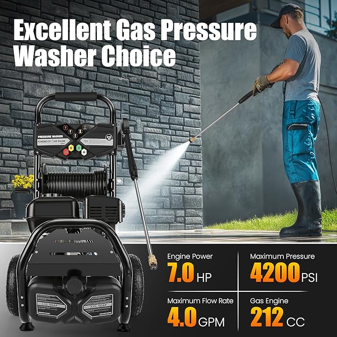 Professional 4200PSI 4GPM 212CC Gas Pressure Washer, 33FT Hose 3L Foam Bottle 10" Wheels 7HP Commercial Gas Power Washer with 5 Nozzles for Home Car Fence Driveway Yard (EPA/CARB/ETL Compliant) Black