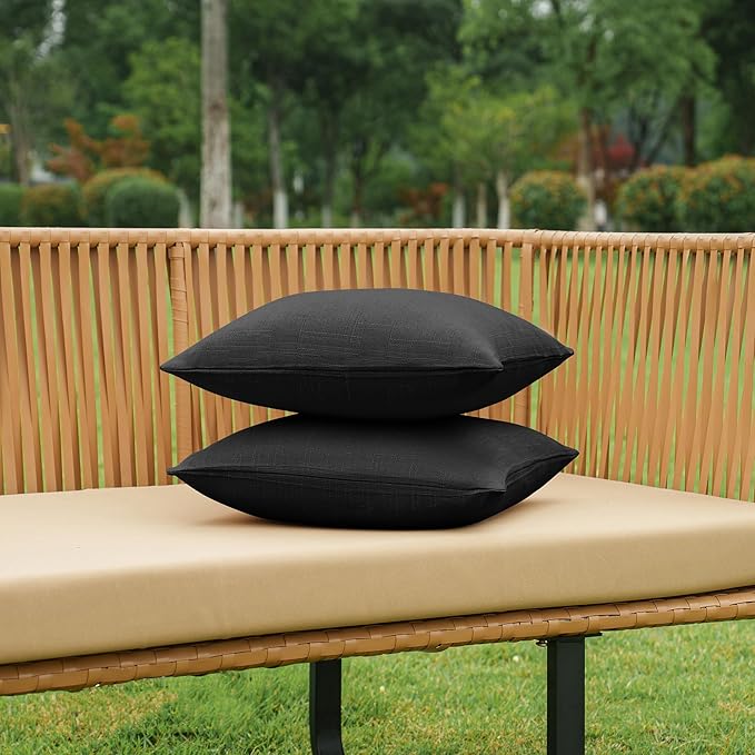 NiNi ALL Waterproof Outdoor Pillow Covers 18x18 Set of 2 Patio Black | Faux Linen Textured Decorative Solid Throw Pillow Covers Farmhouse for Garden Furniture Tent Balcony Couch Sofa Cushion