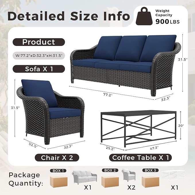 4 Pieces Patio Outdoor Conversation Furniture Set, 78" 3-Seat Couch, 2 Chairs, 47" Metal Coffee Table, Rattan Wicker Sofa with Washable Cushions for Garden, Deck (Navy Blue)