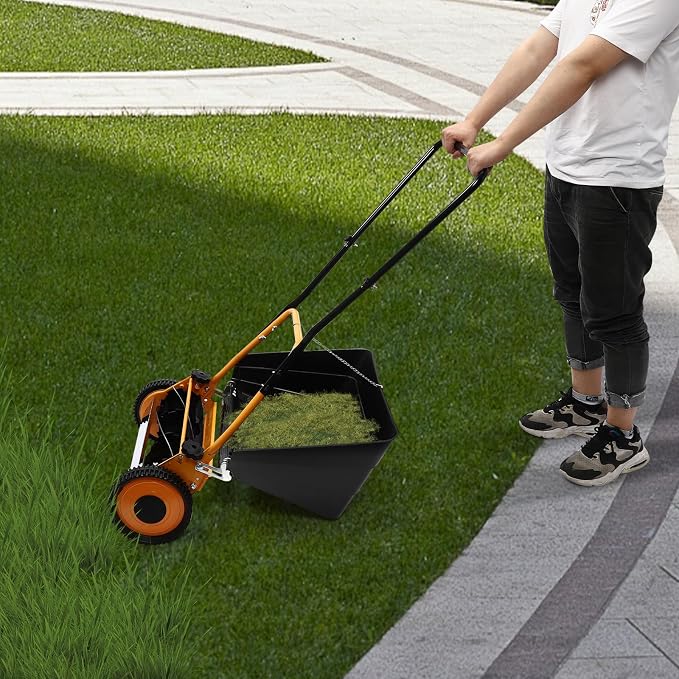 16 inch Push Reel Lawn Mower with Grass Catcher Orange Black Lawn Sweeper with Collection Box Adjustable Height Manual Push Lawn Mower 5-Blade Lawnmower for Gardens Lawns (16" Orange Black)