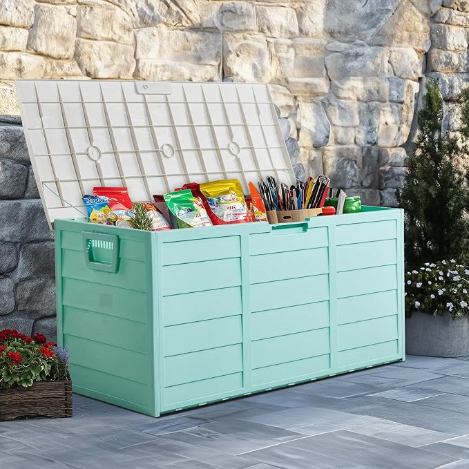 75 Gallon Large Outdoor Storage Box, Indoor and Outside Deck Box with Lockable Design Lids, Waterproof Resin Storage Containers Bin for Garden Garage Patio Poolside Toy Storage White & Green