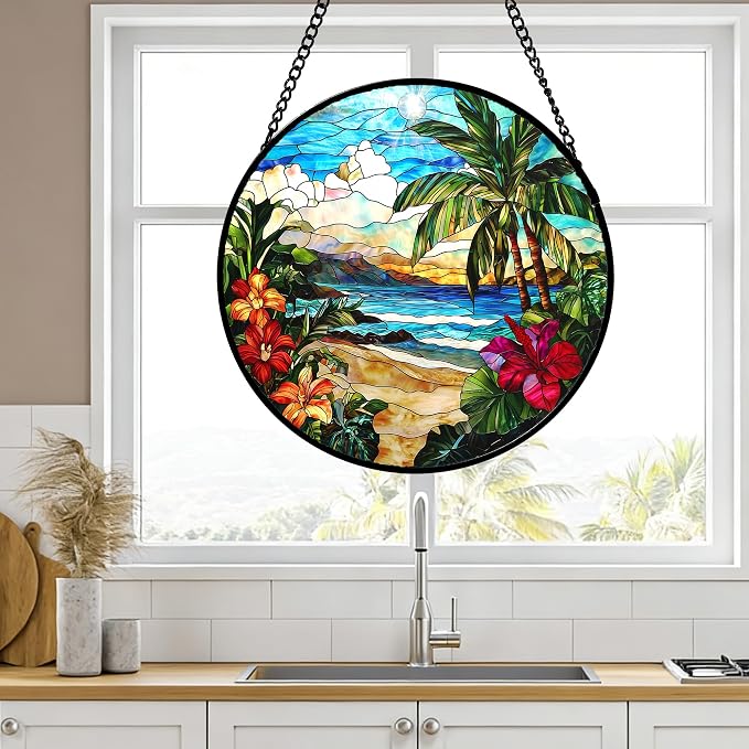 DASTOLL Stained Glass Window Hanging, Blue Beach Scenery Suncatcher Diamond Glass Panel Hangings Sun Catchers Decor for Birthday for Women, Men, Wife, Aunt, and Mom 11.8x11.8 in