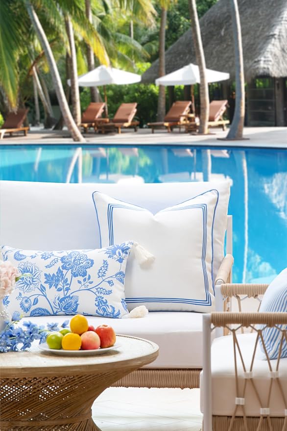 Hofdeco Premium Coastal Patio Indoor Outdoor Pillow Cover Only, 20"x20" Water Repellent for Backyard, Couch, Cornflower Blue Embroidered Square Line