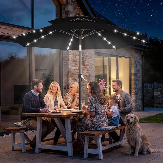 AreShark 9ft 2 Tiers Patio Umbrella with Solar Lights, Outdoor Umbrella w/ 32 LED Lights&8 Sturdy Ribs, Table Umbrella for Deck, Backyard, Pool(Black)