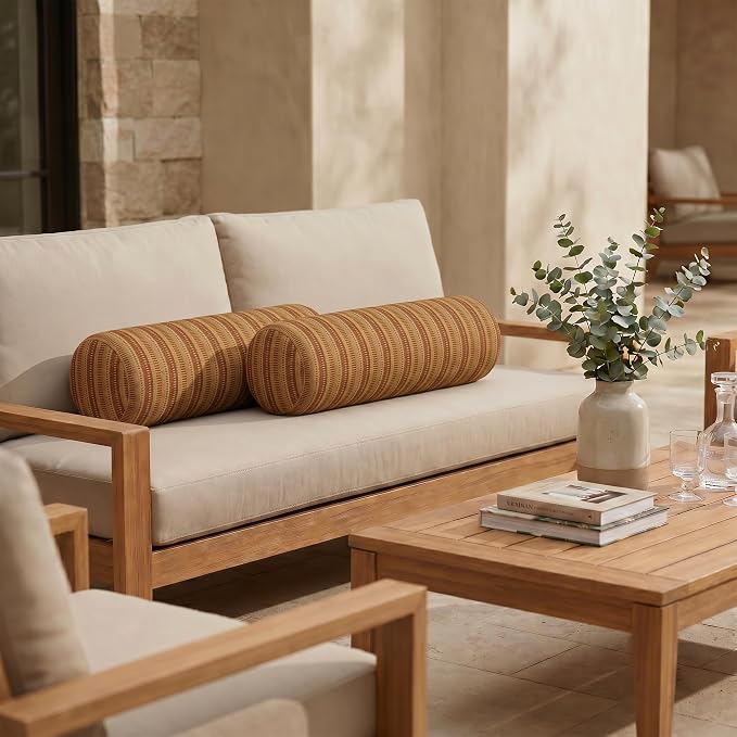 RSH DECOR: Sunbrella Neck Roll Pillows Set of 2 | 20” x 6” | Outdoor Bolster for Patio, Deck, Porch, or Poolside Furniture | Water & Fade-Resistant | Made in USA (Limelite Teak)