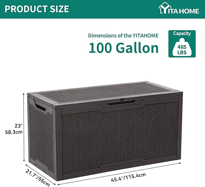 YITAHOME 100 Gallon Resin Deck Box, Weather Resistant Outdoor Storage Box, Lockable Indoor Outdoor Storage for Supplies and Essentials, Dark Brown