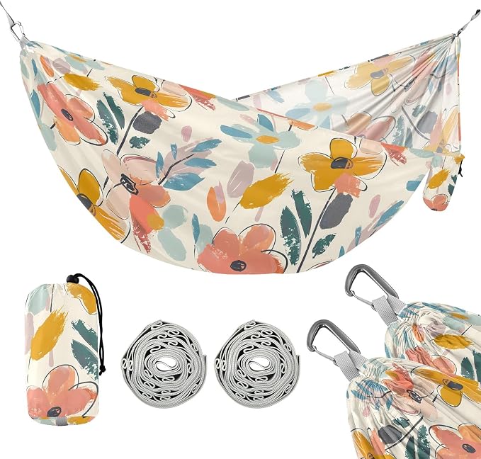 Camping Hammock Outdoor Hammocks for Outside Graffiti Pastel Flowers Beach Trees Portable Lightweight with Pockets Tree Straps Indoor Small
